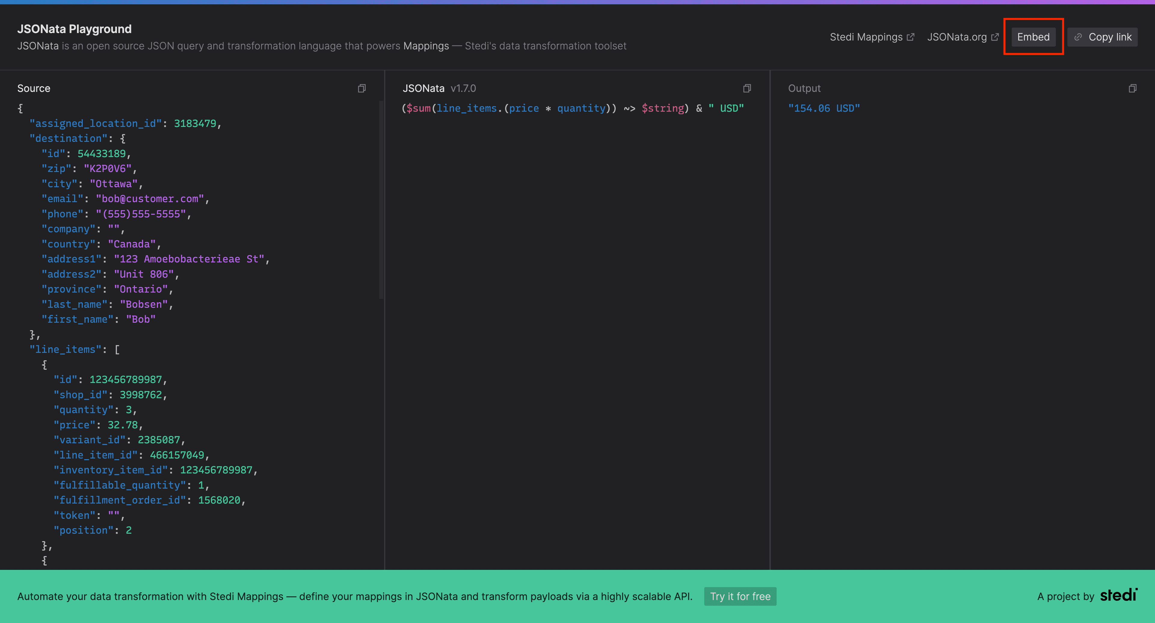 Click on the "Embed" button