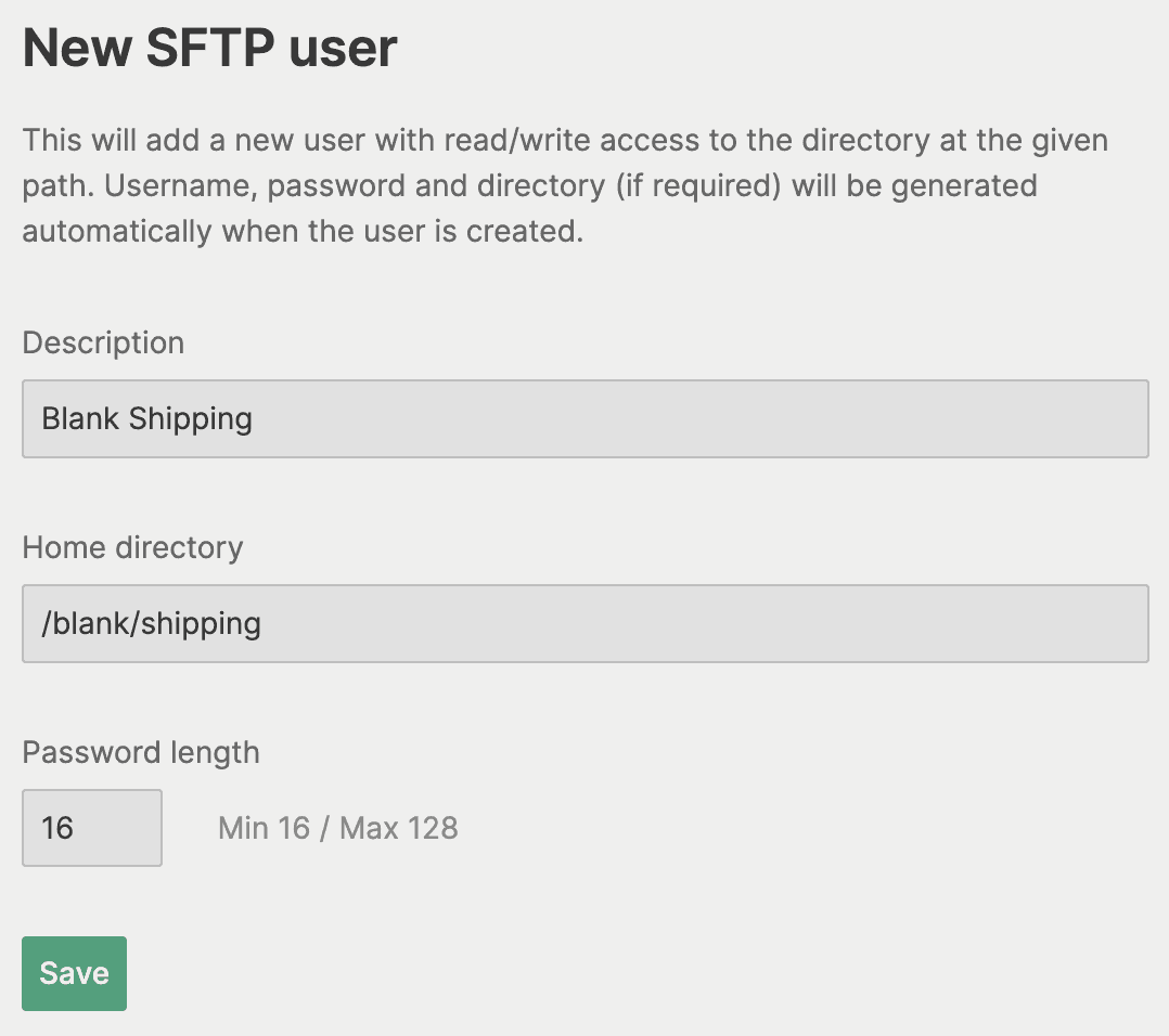 Create SFTP User: Blank Shipping