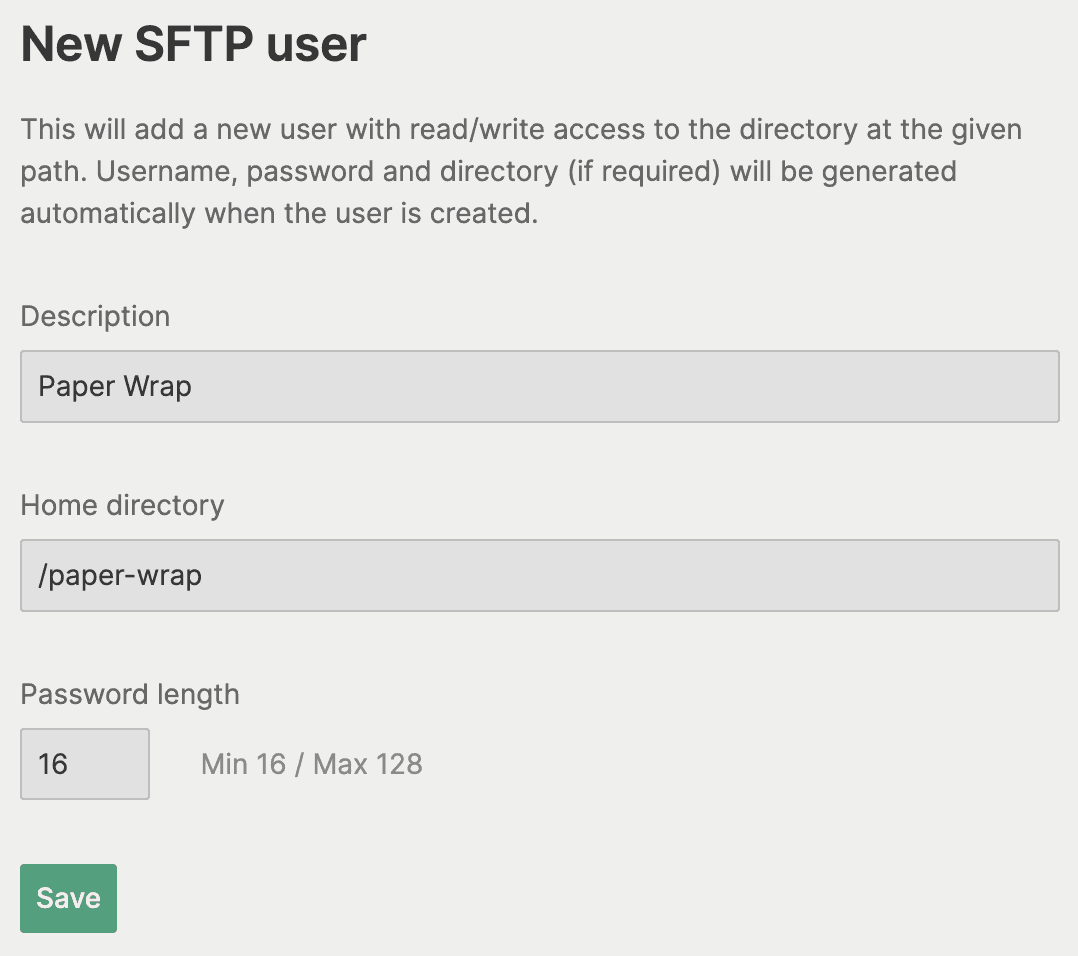 Create SFTP User: Paper Wrap